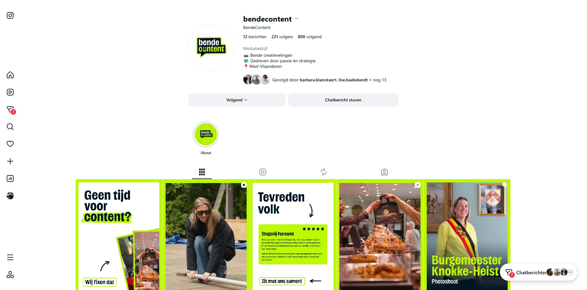 Instagram-profiel en grid van Bende Content op een laptop