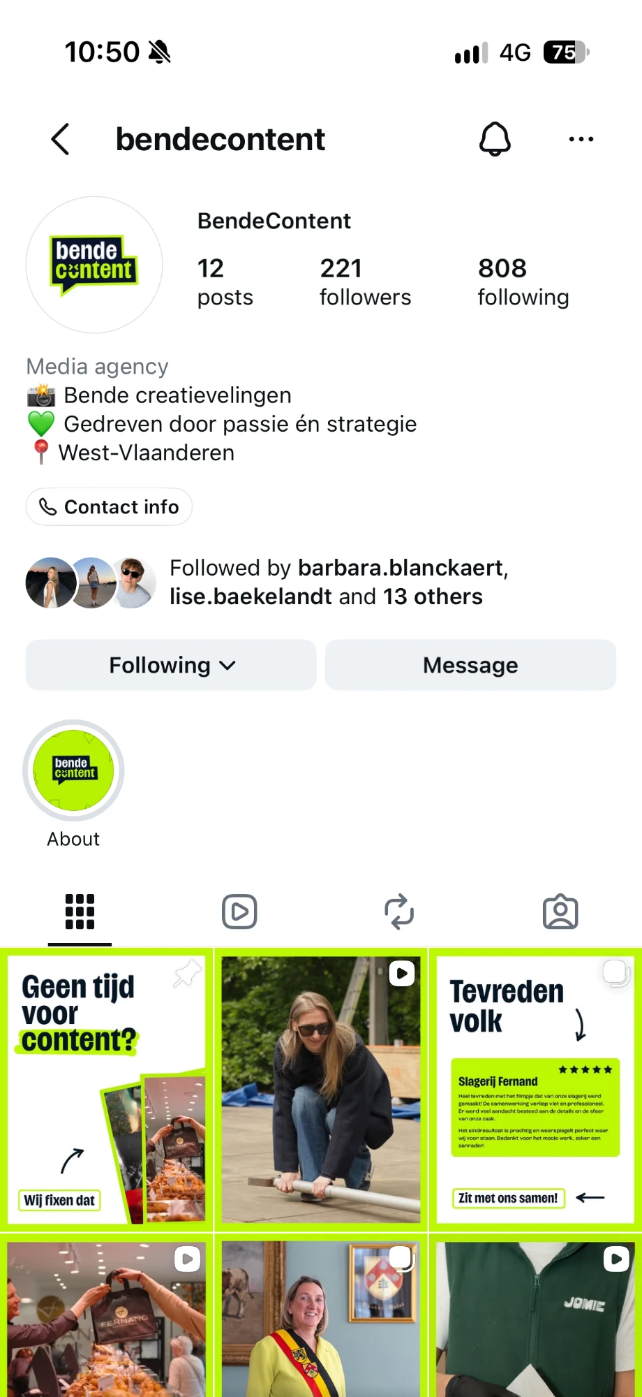 Instagram-profiel van Bende Content op een smartphone