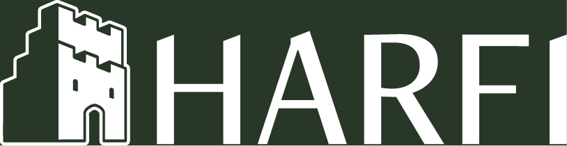 Het logo van Harfi met naam, wit op groen