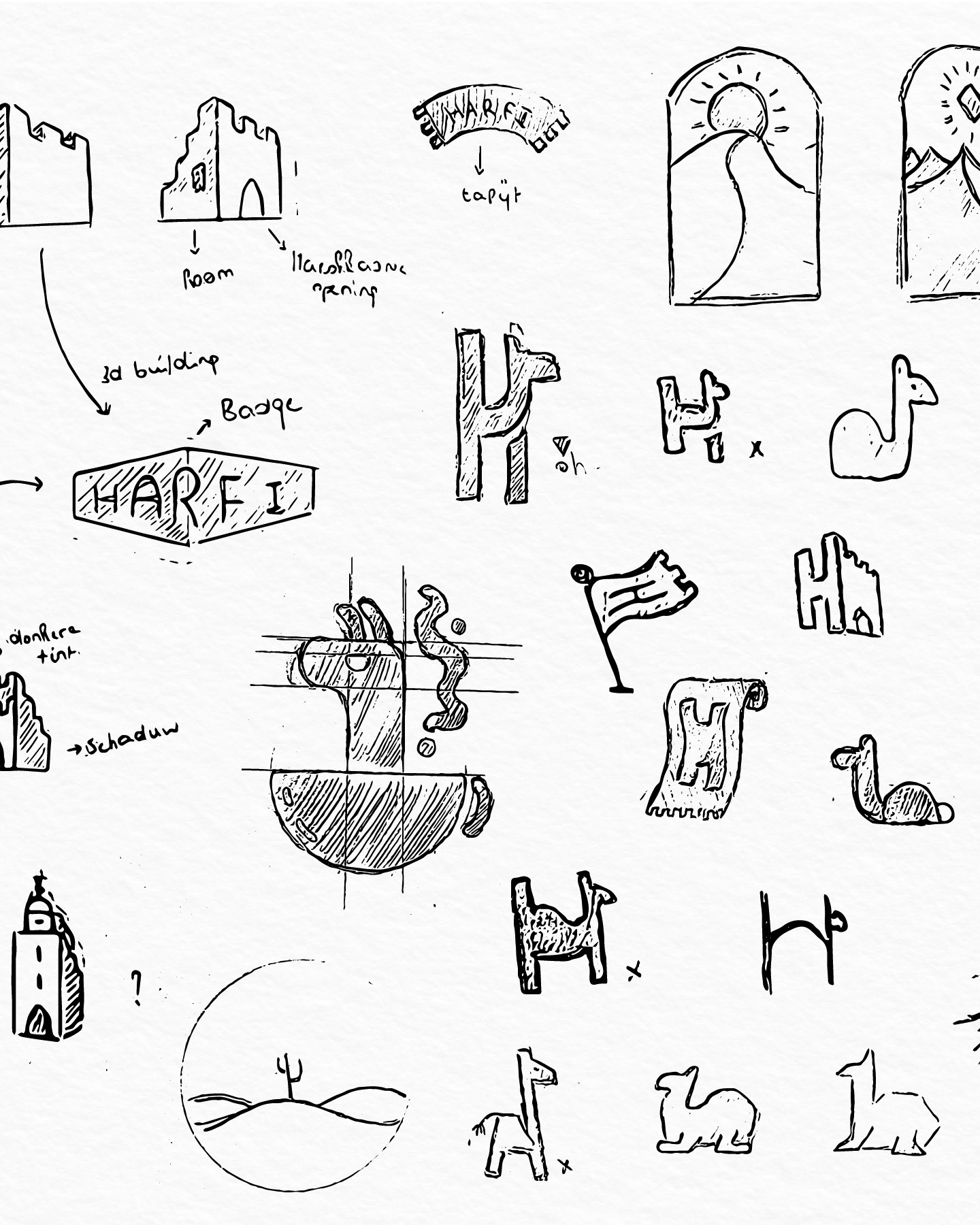 Schetsen voor het logo van Harfi: kastelen, een badge, kamelen en letters H