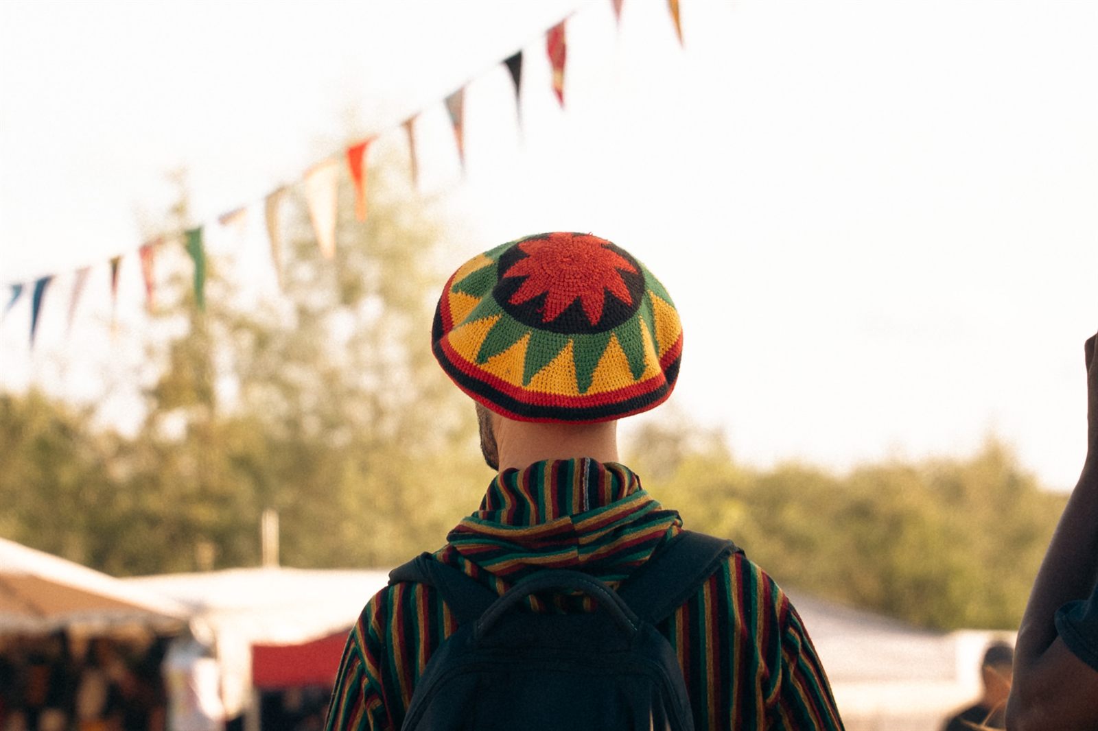 Festivalganger met een rasta-muts tussen de vlaggetjes
