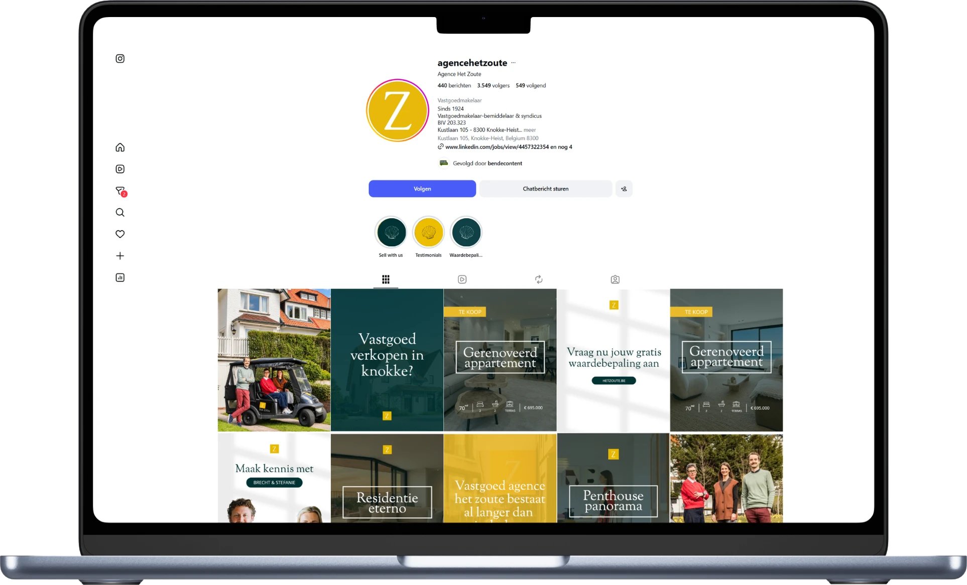 Instagram-profiel en grid van Agence Het Zoute op een laptop